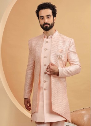 Peach Art Silk Embroidered Indowestern Set With Jacket