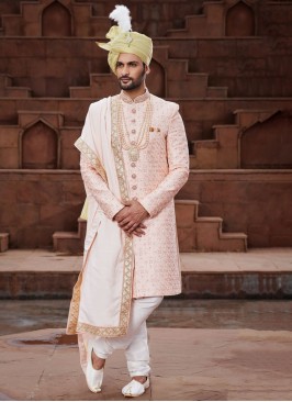 Peach Art Silk Embroidered Sherwani Set