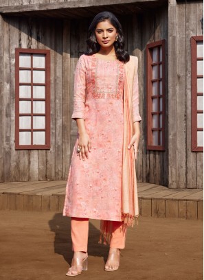 Peach Color Linen Fabric Pant Style Salwar Kameez