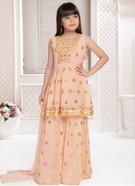 Peach Colored Chiffon Palazzo Suit With Peplum Top