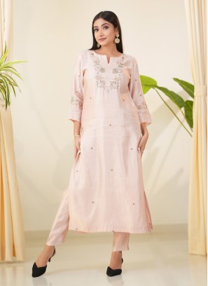 Peach Embroidered Gajji Silk Kurti Set