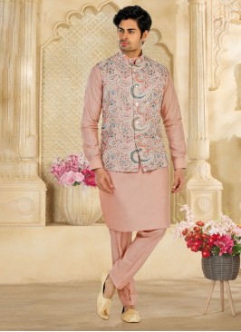 Peach Embroidered Nehru Jacket Set in Cotton Silk