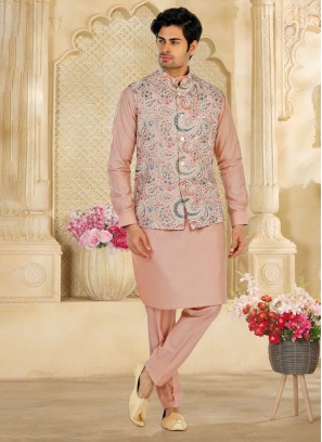 BLUSH PRINTED SILK KURTA WITH BLACK COTTON SILK CHURIDAR – Studio