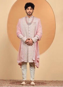 Peach Embroidery Sherwani Set For Groom