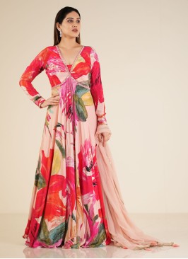 Peach Floral Printed Satin Silk Anarkali Dress