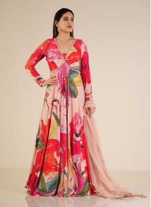 Peach Floral Printed Satin Silk Anarkali Dress