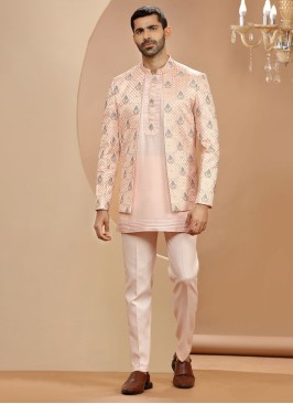 Peach Jacket Style Indowestern Set With Thread Embroidery
