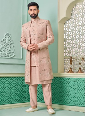 Peach Jacket Style Indowestern Set With Thread Embroidery