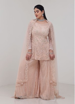 Peach Kurta Palazzo Set With Hand Embroidery