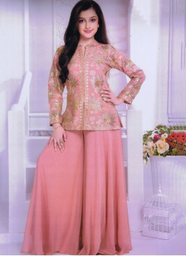 Peach Kurti And Palazzo Set In Chiffon With Embroidered Work