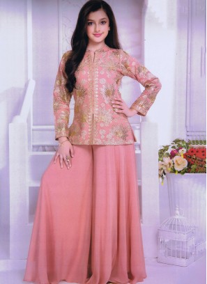 Peach Kurti And Palazzo Set In Chiffon With Embroidered Work