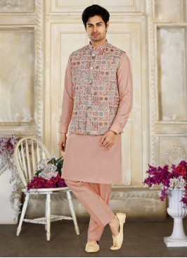 Peach Nehru Jacket Set In Cotton Silk With Fancy Motifs