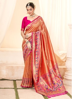 Exquisite Dark Peach Weaving Embroidered Handloom Paithani Silk Saree