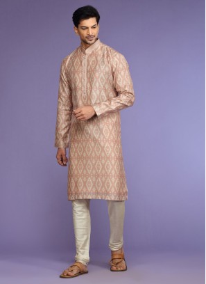 Peach Readymade Silk Printed Kurta Pajama