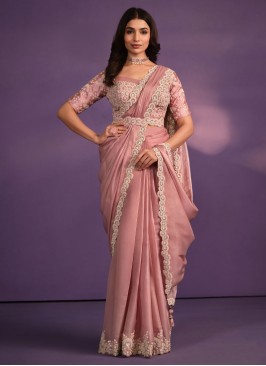 Peach Shaded Crepe Satin Sari With Ready Blouse