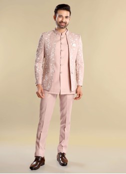 Peach Thread Embroidered Festive Jodhpuri Suit Wit