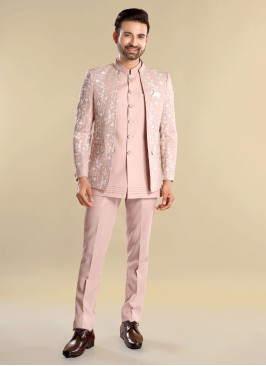 Peach Thread Embroidered Festive Jodhpuri Suit With Jacket