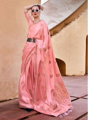 Designer Peach Woven Satin Saree