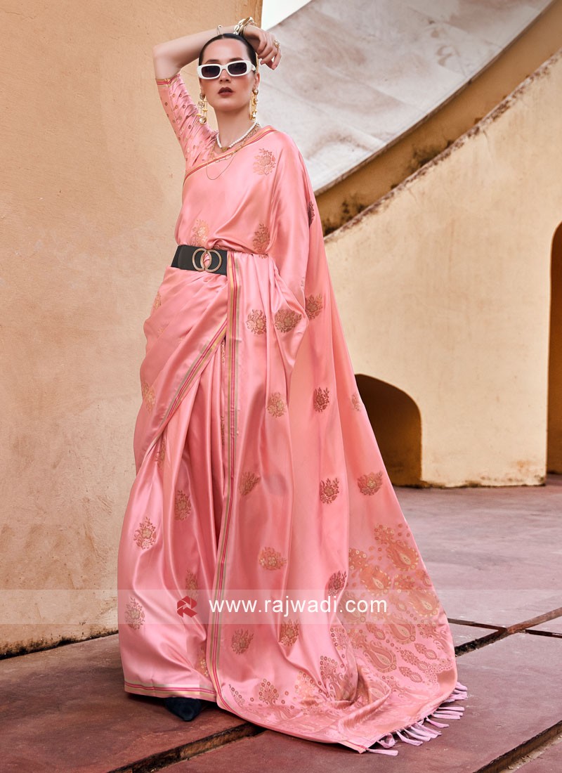 Enchanting Peach Silk Festival Wear Plain Saree With Blouse