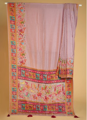 Peach Weaving Work Traditional Pashmina Silk Saree