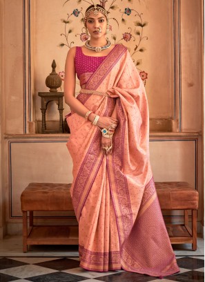 Peach Wedding Banarasi Silk Contemporary Style Saree