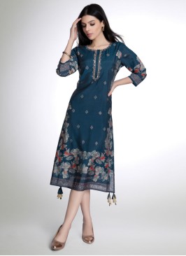 Peacock Blue Cotton Silk Printed Kurti For Women