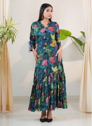 Peacock Blue Crepe Silk A-Line Kurti With Floral Print