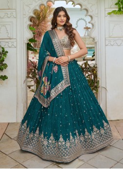 Peacock Blue Embroidered Chiffon Silk Wedding Lehe