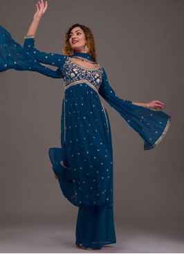 Peacock Blue Festive Palazzo Set With Long Kurti