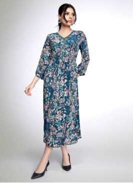 Peacock Blue Muslin Silk Floral Printed Flared Kurti