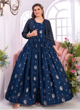 Peacock Blue Party Wear Anarkali With Jacket