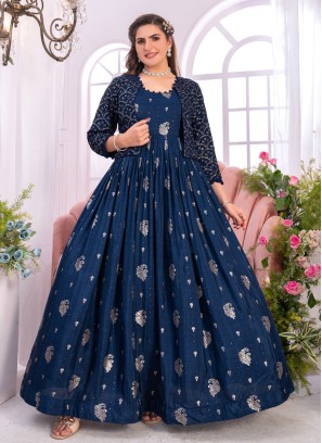 Peacock Blue Party Wear Anarkali With Jacket