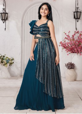 Peacock Blue Sequins Embroidered Readymade Lehenga Choli