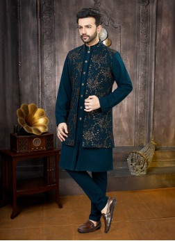 Peacock Blue Thread Embroidered Nehru Jacket Set