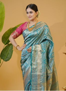 Peacock Blue Weaving Kanjivaram Silk Festive Saree