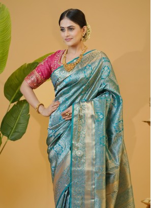 Peacock Blue Weaving Kanjivaram Silk Festive Saree