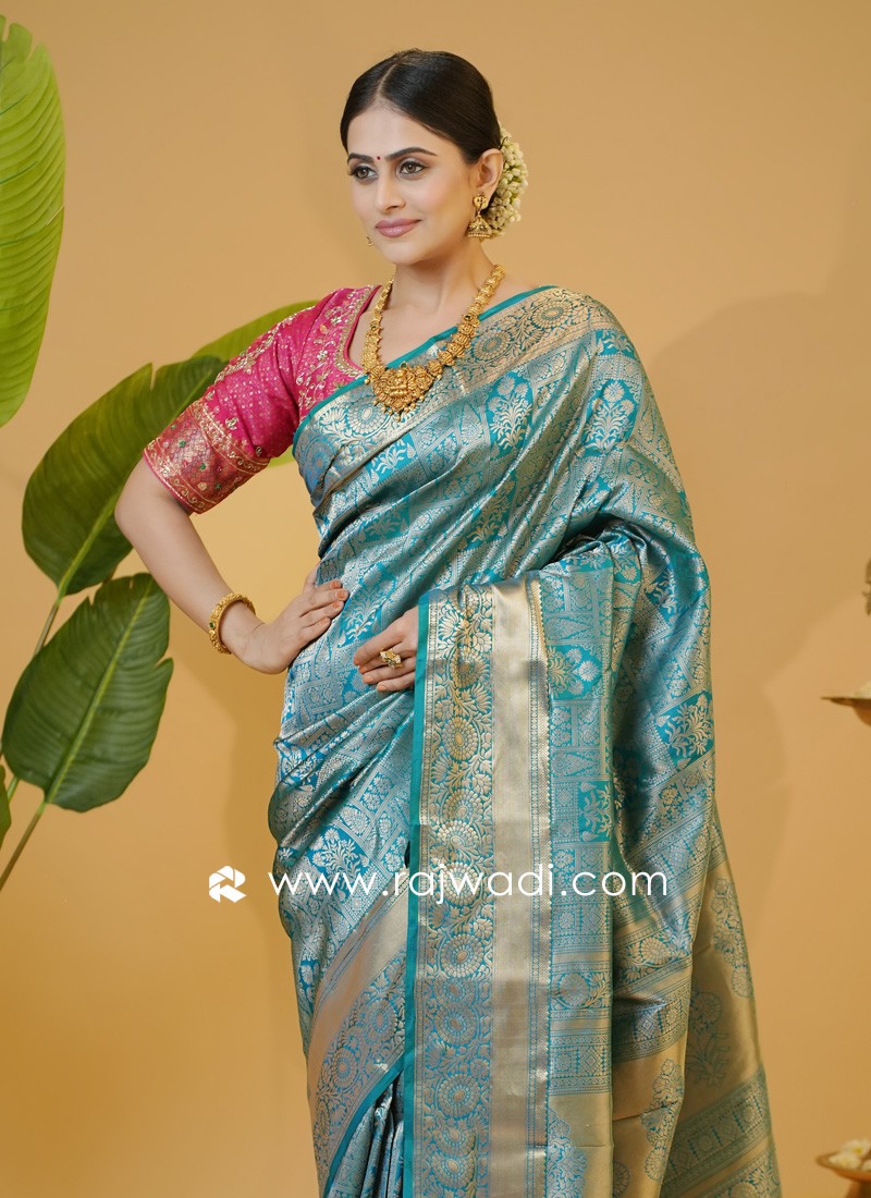 Peacock Blue Temple Border Kanchipuram Silk Saree