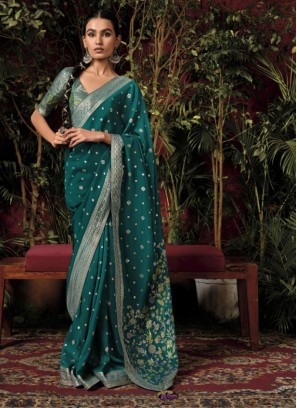 Peacock Green Festive Weaving Dola Silk Saree