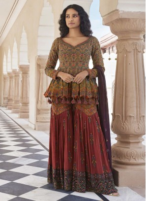 Multi Colored Georgette Sharara Suit with Peplum Top