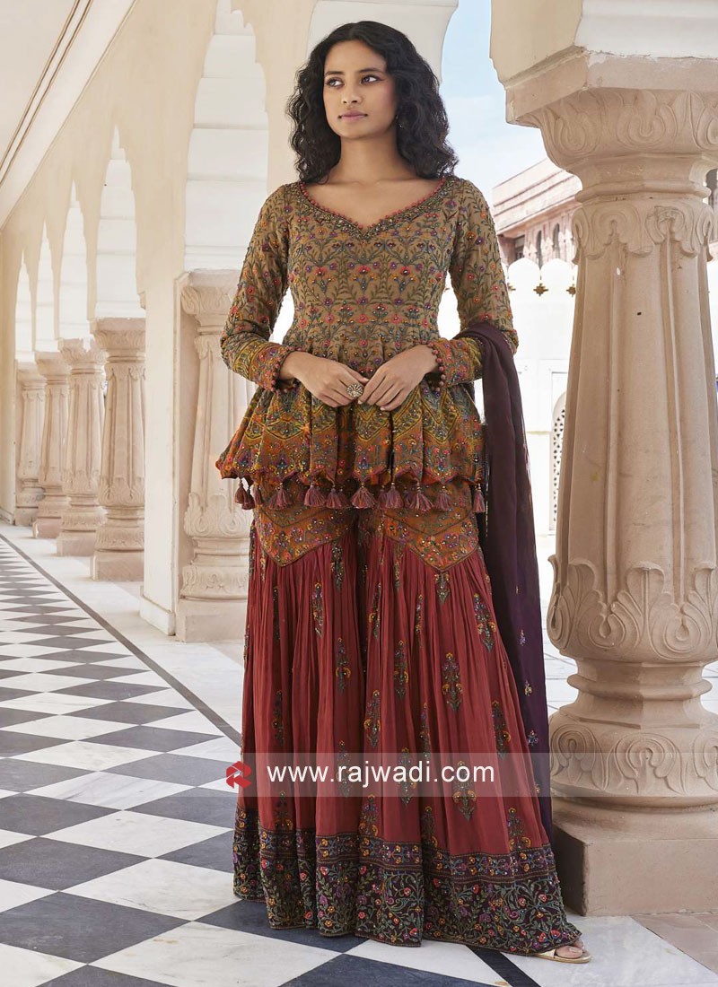 Online Shop Sharara Suit in Wine Maroon Embroidered Fabric LSTV118330