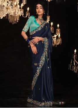 Navy Blue Sequins Work Tissue Silk Classic Saree