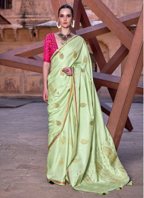 Traditional Pista Green Satin Silk Woven Saree