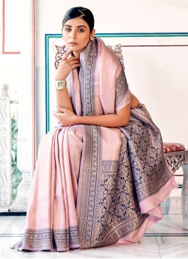 Pink And Blue Kanjivaram Silk Weaving Work Saree