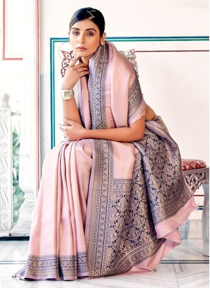 Pink And Blue Kanjivaram Silk Weaving Work Saree