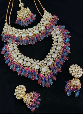 Pink And Blue Necklace Set With Studded Kundan