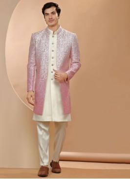 Pink And Cream Embroidered Jacket Style Indowestern Set