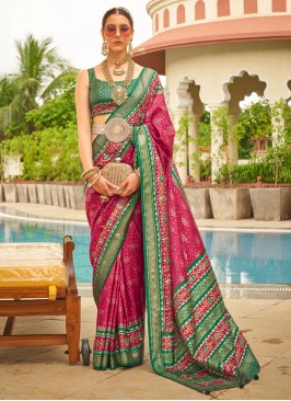 Pink And Green Patola Printed Silk Festive Saree