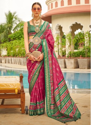 Pink And Green Patola Printed Silk Festive Saree