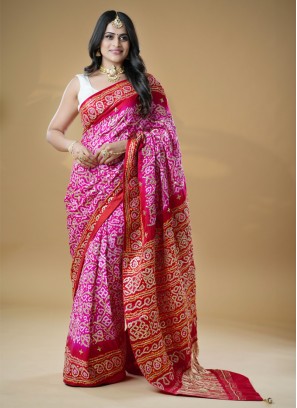 Pink & Red Pure Bandhani Gajji Silk Saree