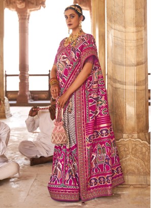 Pink And White Patola Printed Silk Festive Saree